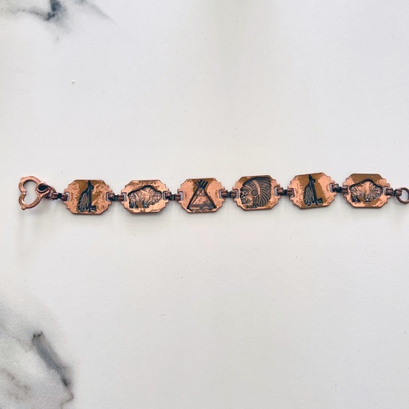 Vintage Copper Link Bracelet Native American Buffalo Indian - Picture 4 of 8